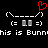 Pixel art of two bunny faces with gray eyes and red heart above one, text 'this is Bunn' below on black background.