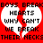 Red background with two white heart shapes containing black text reading 'HEARTS WHY CAN'T WE BREAK THEIR NECKS' in pixelated font.