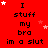 Red background with repeated text "I stuff my bra in a slut" and scattered white and pink stars, animated star positions change across frames.