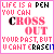 A 4x3 contact sheet of an animated AIM buddy icon showing sequential frames where the word 'CROSS' is progressively crossed out with black lines while text remains static.
