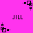 Pixelated black square shapes and text on a bright pink background, with alternating static and animated states showing shifting positions of squares and dots.