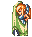Pixel art character with orange hair and green cloak in six sequential poses showing movement from standing to spinning.