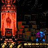 Pixel art animation of a blue character with purple accents moving left to right across a dark stone background, passing red-orange pillars and yellow hazard stripes.