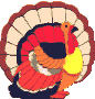 Pixelated turkey icon with red body, yellow wing, orange beak, and brown-and-cream fan-shaped tail feathers.