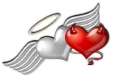 Static buddy icon featuring two heart-shaped figures with wings and a halo, one silver and one red, against a white background.