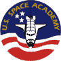 Circular U.S. Space Academy logo icon featuring a space shuttle against an American flag-inspired background with stars and stripes, yellow text arc, and pixelated rendering.