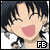 Pixelated anime-style character with black hair and closed eyes smiling widely, wearing a white top with gray accents.