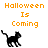 Pixelated black cat walks left to right beneath orange text reading "Halloween Is Coming" on white background, with gray on right side of frame
