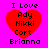 Four identical pixelated red hearts on bright pink background with black text reading "I Love Ady Nikki Cort Brianna" above and below each heart.