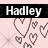 Animated contact sheet showing two frames of a buddy icon with the name Hadley and heart motifs on a light pink background.