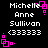 Pixelated text displays 'Michelle Anne Sullivan (33333)' with pink square decorations on a black background, animated in four distinct positions.