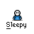 A 5x4 contact sheet of a pixel art animation featuring a blue-shirted stick figure character with white hair and black eyes, labeled "Sleepy" under each frame, showing subtle pose changes across frames on a gray background.