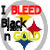 Static pixel art icon with text "I BLEED Black n Gold" and a red star above a yellow-blue spinning top on a white background.