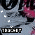 repeated 'TRAGEDY' text icons with pink and black floral elements, white hearts scattered across a gray background