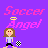 A split-screen pixel art buddy icon with a purple left side featuring "Soccer Angel" text and a cartoon girl kicking a soccer ball, and a green right side displaying "Original Icons .com" in glowing green text.