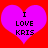 Two identical purple hearts on red background with black text reading "I LOVE KRIS" in pixelated font.