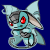 A 4-frame contact sheet of a pixelated ghost-like creature with light blue body, red eyes, and translucent wings in various poses against a solid dark blue background.