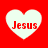 Four white heart shapes on a red background, each containing the word "Jesus" in red text.