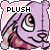 Pixelated purple creature with pink patterned scarf, pink background, and 'PLUSH' text in top-left corner, showing subtle expression changes across frames.