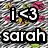 Pixelated icon with 'i <3 sarah' text, pink and yellow flowers on gray checkered background.