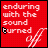 A 6-frame animated contact sheet showing a red background with white text "enduring with the sound turned" and changing letters, plus a stylized "off" symbol in the lower right corner of each frame.