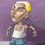 Pixelated cartoon character with yellow hair, white tank top, blue pants, and visible tattoos on arms against purple background.