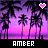 Pixelated sunset scene with palm trees, two pink hearts floating above, and 'AMBER' text at the bottom.