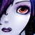 Pixelated close-up of a cartoon character's face with purple hair, white skin, and red eyes on a transparent background.