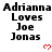 Pixelated text reads "Adrianna Loves Joe Jonas" with red heart symbols, arranged in a pattern on a white background