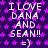 Static image with purple background, pink stars, and repeated white text "I LOVE DANA AND SEAN!! =)" in pixelated font.