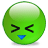 Two green spherical buddy icons with pixelated eyes and blue triangular mouth, displayed side-by-side on a gray background.