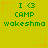 Green pixelated text on yellow background with orange starbursts; repeated 'I <3 CAMP' and 'wakeshma' text in two across the image