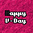 pixelated 'Happy V-Day' text icons on a pink textured background, with varying color schemes