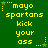Green background with yellow pixelated text reading 'mayo spartans kick your ass' and small star-like symbols in corners.