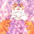 Pixelated image of a cartoon character with light brown hair and white clothing against a pink-purple gradient background.