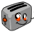Pixelated gray toaster with black slots, orange buttons, and cartoon eyes showing white pupils and red irises.