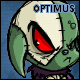 Green-skinned cartoon character with red eyes and a white skull-like mask, wearing purple clothing against a blue background.