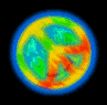 Five circular icons with blue outer rings display a sequence of color-coded patterns and symbols against black backgrounds.