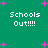 Green background with pink plus signs and repeated white pixelated text 'Schools Out!!!!' in four quadrants.