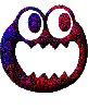 A circular pixelated icon with two large eyes and a jagged mouth, displaying color variations across six views.