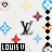 Animated contact sheet of a Louis Vuitton monogram pattern with repeating 'LOUIS V' text blocks and animated heart/pulse effects on a white background.