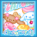 Pixel art of repeated cartoon characters with pink flowers, pastel sweets, and 'cinnamoroll' text on a blue border