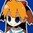 Pixelated anime-style character with orange hair, blue eyes, and a wide smile against a solid blue background.