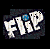 Pixelated text 'FLIP' in white with blue dot on black background, two pixel art character portraits on textured beige backdrop.