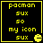 Four identical black square with yellow borders display pixelated text and a Pac-Man icon, each containing the same content