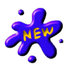 Blue splat-shaped icon with yellow 'NEW' text and small blue dots on gray background