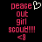 Pixelated text and symbols on black background: 'peace' with white heart, 'out girl scout!!!!' with '<8' below, left side has heart, right side does not.