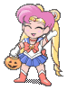Pixelated character with pink hair in twin buns, blue skirt, red boots, and orange bow holding pumpkin-shaped bucket.