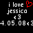 A pixelated image displays text 'i love jessica' with a red heart symbol, repeated twice side-by-side on black background.