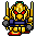 Pixel art of a golden robot with red eyes, green head lights, blue chest plate, and gray shoulder pads standing against a light gray background.